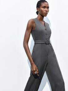 Maija 2026 Spring/Summer New Gray V-Neck Half-Zip Front Resin Button Sleeveless Adjustable Waist Belt Side Pockets Jumpsuit, Chic & Elegant For Party, Urban Commute - Grey - View 5