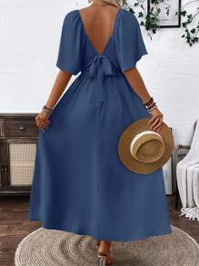 SHEIN LUNE Clasi Breezaya 女式淡蓝色波西米亚风方形优雅领口浪漫毕业生日礼服音乐会服装海滩女士服装泡泡袖露背蝴蝶结连衣裙带蝴蝶结春夏超长度假柔软面料荷叶边袖长裙 - 藏蓝色 - 查看 2