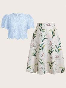 Ellevyn 春夏女式绿色蕾丝上衣 + 印花喇叭裙两件套，优雅浪漫的日常穿搭，加大码 - 淺藍色 - 查看 2