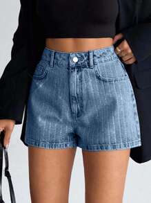 EURMUSE Pantalones cortos mini de cintura alta de unicolor y minimalistas con adornos de rhinestones para mujer - Celeste - Ver 4