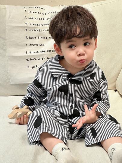 Hapijoa 2件套幼儿男童条纹爱心休闲长袖衬衫和裤子家居服套装，春秋季