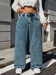 EURMUSE 大码女式蝴蝶刺绣口袋阔腿宽松休闲牛仔裤 - 水鴨藍 - 查看 7