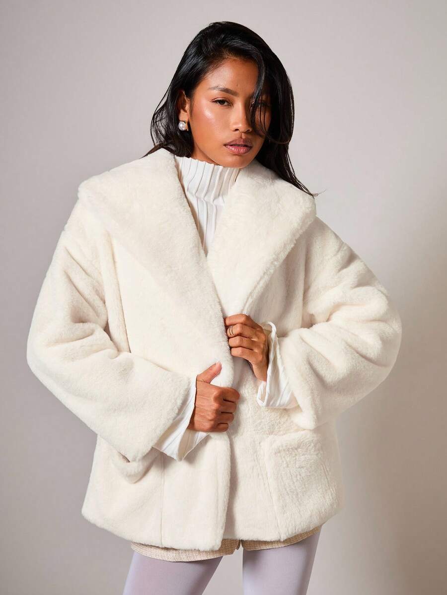 COSMINA Damen elegante, weite Jacke mit Kunstpelzkragen, Herbst/Winter - Aprikosenfarben - Übersicht 1