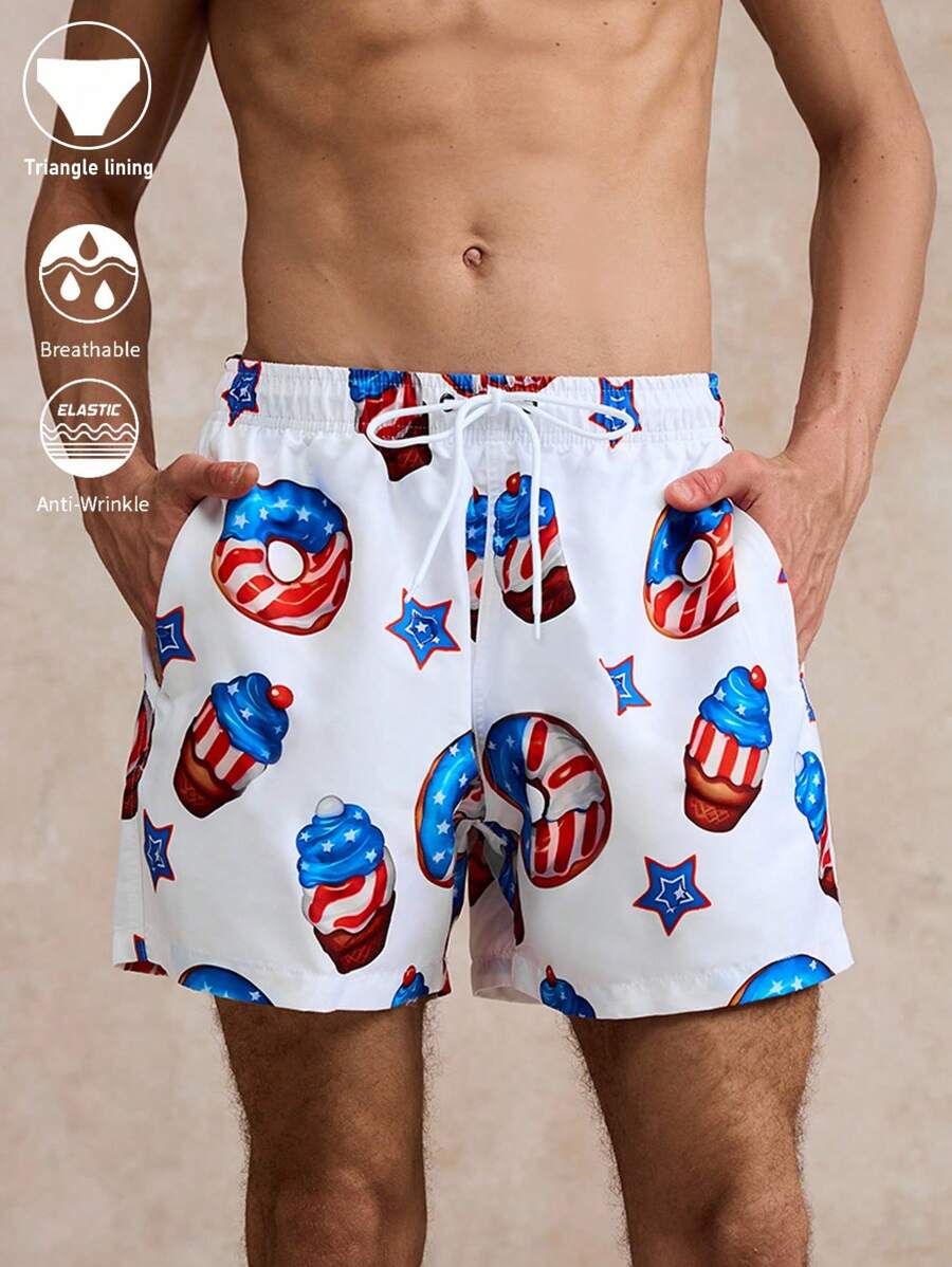 Manfinity KASUA Men's Ice Cream Print Drawstring Waist Pocket Beach Shorts - Multicolor - View 1