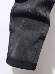 Manfinity Homme 男士純棉擺口口袋修身牛仔褲，長直筒磨損深色牛仔褲，簡約灰色工作商務休閒男友風格 - 深灰色 - 查看 6