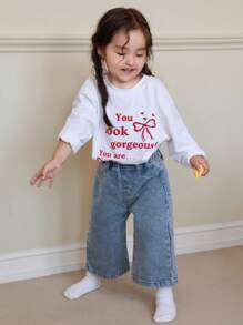 Dazy Kids Baby Girls' Casual Bow Embroidery Korean Style Long Denim Jeans,Toddler Fall Clothes