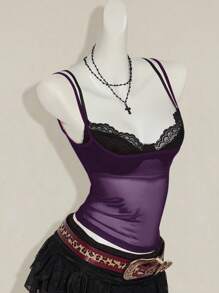 SHEIN ICON 女士红色透视吊带背心，搭配黑色蕾丝细肩带文胸 2 件套 - 彩色 - 查看 5