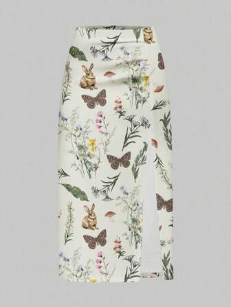 Fairycore Gonna lunga con spacchi alti e stampe di funghi, conigli, foglie e fiori, uno stile carino e ispirato alla natura per le donne