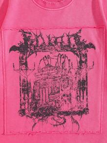 ROMWE MEN Street Life 男士做旧印花圆领短袖T恤 - 玫紅色 - 查看 3