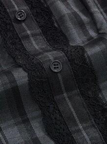 ROMWE Goth 女学生风格撞色蕾丝泡泡袖收腰格子衬衫 - 黑色 - 查看 4