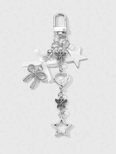 Kawaii 1 pezzo Portachiavi/ciondolo in stile Y2K minimalista e di alta qualità, con farfalla in argento, perle finte, cuore cavo e fiocco intrecciato, adatto per uso quotidiano di donne/ragazze, regalo per le vacanze