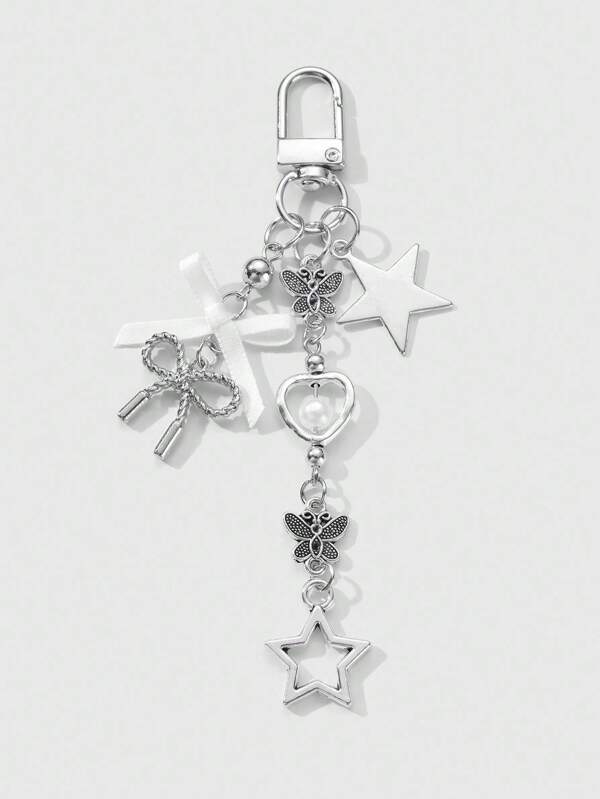 ROMWE Kawaii 1 pezzo Portachiavi/ciondolo in stile Y2K minimalista e di alta qualità, con farfalla in argento, perle finte, cuore cavo e fiocco intrecciato, adatto per uso quotidiano di donne/ragazze, regalo per le vacanze