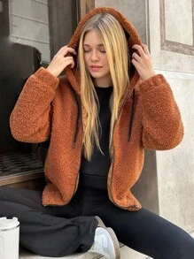 EURMUSE Sherpa Fleece Jacket With Front Zipper Closure, Black Trim Detail On Collar, Warm And Cozy Casual Outerwear Brown Teddy Jacket Brown Sherpa Jacket Teddy Hoodie Sherpa Hoodie Womens Brown Jacket - Camel - View 3