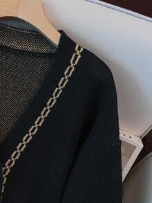 GlowEve CURVE Cárdigan de manga larga con cuello en V y estampado de cadena, informal para otoño/invierno, talla grande - Negro - Ver 5