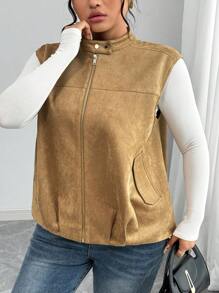 Elenzga Chaqueta sin mangas elegante de oficina/casual/vacaciones para mujer de talla grande, con cuello de cremallera metálica, botones dorados, hombros caídos, bajo plisado, forro, adecuada para primavera, otoño e invierno