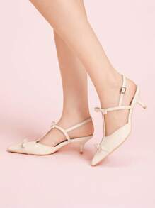 CUCCOO DOLLMOD White Bow Closed Toe French Elegant Romantic Fashion Date Afternoon Tea Pointed Toe High Heel Pumps - Beige - View 4