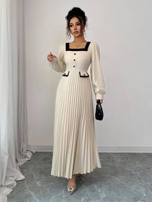 SHEIN Clasi فستان أنيق للنساء بأكمام منتفخة وياقة مربعة وتصميم ألوان متباينة وكشكشة على الهيم، مناسب للارتداء اليومي، وحفلات الشاي بعد الظهر، والحفلات، وعيد الشكر، والعودة إلى المدرسة، ومهرجان الموسيقى الريفية، والملابس الرسمية الكاجوال، وليلة المواعدة، وعيد الميلاد، وغداء السيدات، والملابس الغربية، والملابس الرسمية الكاجوال، وملابس الخريف للنساء - لون مشمشي - مشاهدة 4