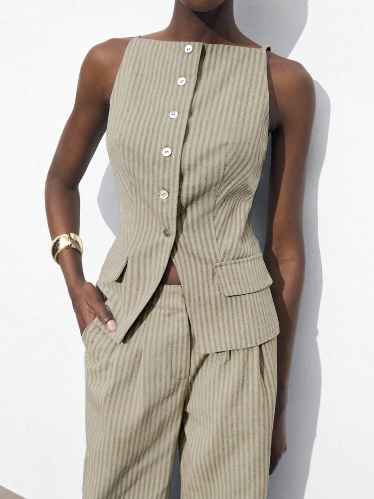 SHEIN Maija 2025 Autumn/Winter Striped Off-Shoulder Neck Front Button Up Blouse, Elegant Modern Casual For Commute, Party, Beach, Office Wear