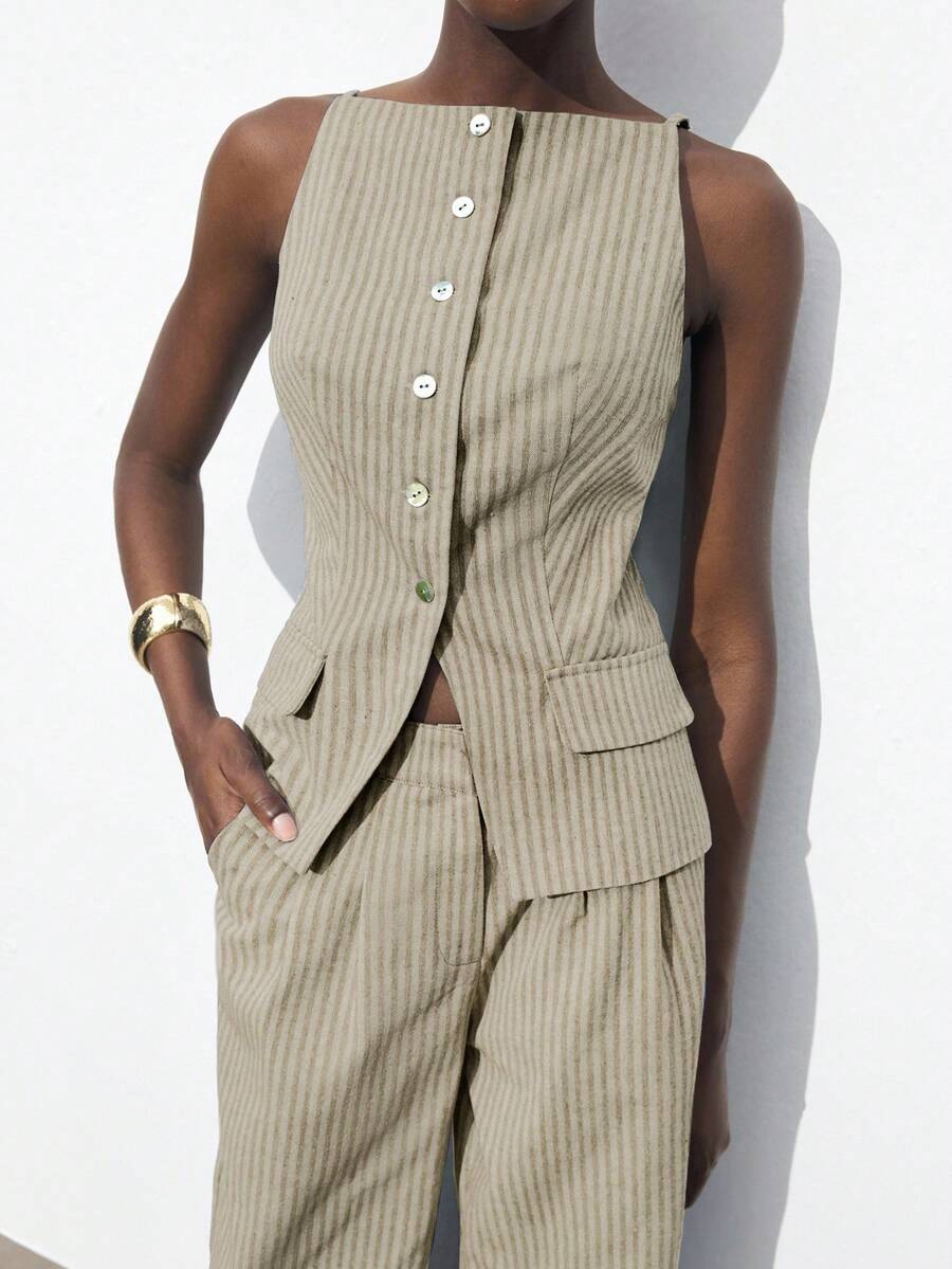 SHEIN Maija 2025 Autumn/Winter Striped Off-Shoulder Neck Front Button Up Blouse, Elegant Modern Casual For Commute, Party, Beach, Office Wear