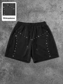ROMWE MEN Casual Men's Street Style Bling Rhinestone Print Shorts - Black - View 4