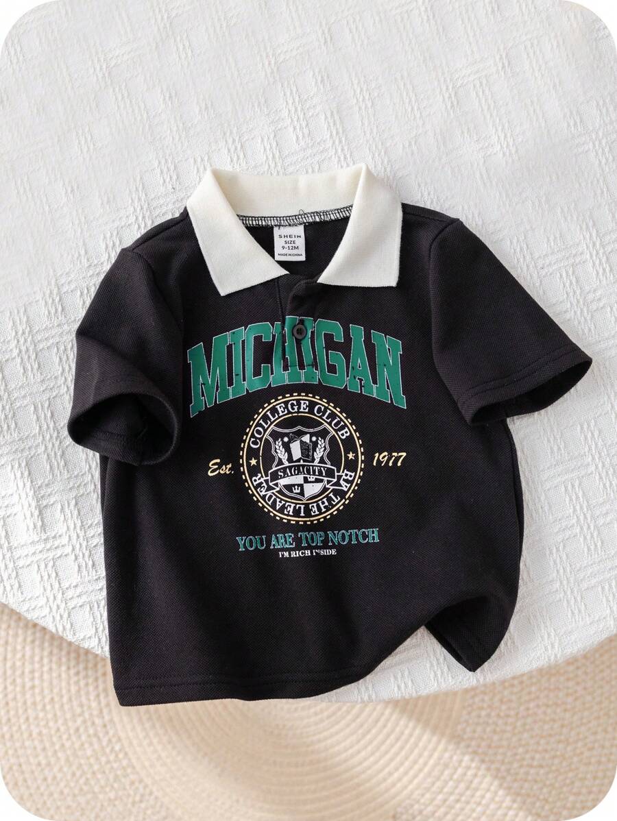SHEIN 嬰兒男孩女孩休閒運動修身配色拼接圖案翻領短袖 Polo 衫,適合春夏外出穿著 - 彩色 - 查看 1
