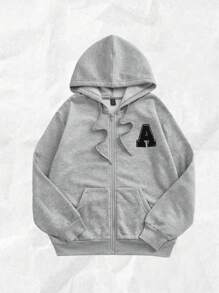 Attitoon Plus Size Women Grey Collegiate Style Casual Hoodie Jacket With Cute Letter Embroidery Pattern, Loose Fit, Suitable For Fall/Winter