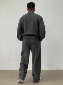 DAZY 男士纯色纹理面料深灰色 Polo 衫套装，秋季四分之一拉链款 - 灰色 - 查看 2