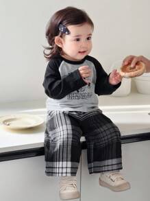 Hapijoa Bộ 2 áo thun tay ngắn in họa tiết hoạt hình màu tương phản và quần pijama kẻ sọc thường ngày cho bé gái, quần áo mùa thu cho trẻ mới biết đi - Đen và trắng - Xem 8