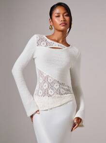 COSMINA Áo cánh dài tay ôm sát thời trang thiết kế ren khoét lỗ tương phản dành cho nữ - trắng - Xem 1