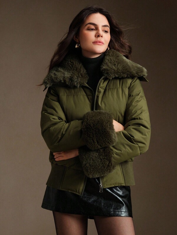 Anewsta Cappotto imbottito corto con colletto in pelliccia lunga e soffice, adatto per autunno, inverno, uscite, elegante, formale, festa, chic, Capodanno, cappotto invernale da donna, Natale, lavoro, laurea, matrimonio