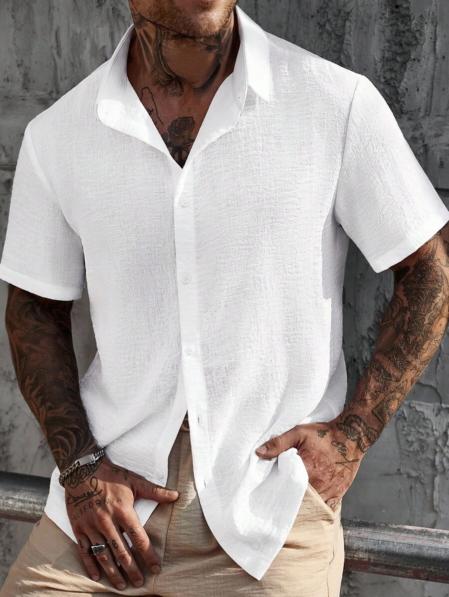 Manfinity Homme White Linen-Look Vacation Collared Short Sleeve Shirt Men White Linen Shirt Men S Textured Shirt - White - View 1
