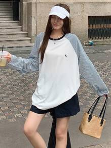 DAZY 女式圆领条纹拼接长袖刺绣装饰休闲宽松T恤秋季上衣 - 白色 - 查看 3