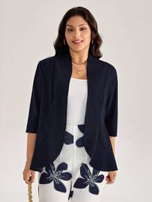 Comfylo 大码纯色夹克和花卉印花裤套装 - 藏蓝色 - 查看 1