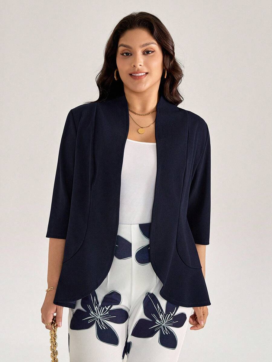 Comfylo 大码纯色夹克和花卉印花裤套装 - 藏蓝色 - 查看 1