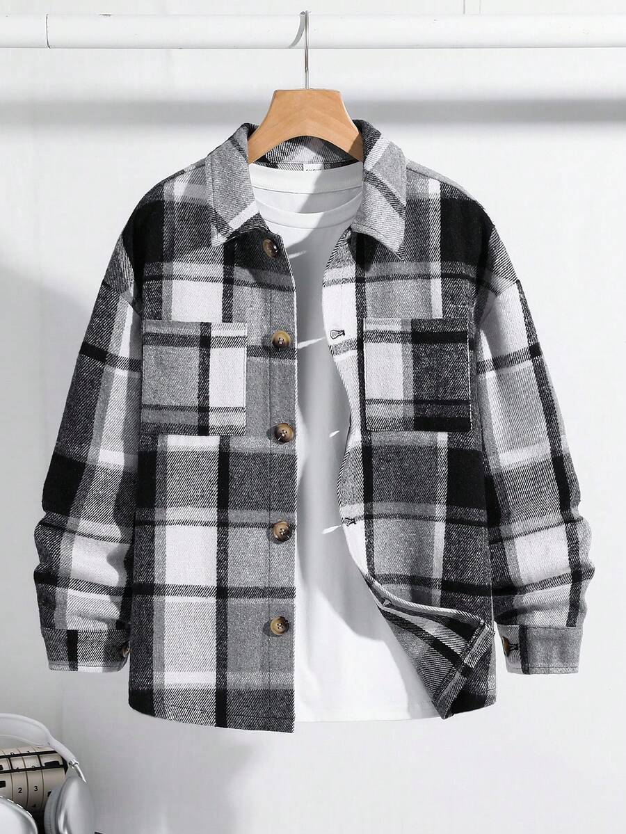 SHEIN Kids/Tween Boys' Casual Jacquard Fabric Collared Long Sleeve Cardigan Jacket, Suitable For School, Garden, Beach, Birthday,Ensemble Hiver,Winter Clothing,Fall Outfits,Fall Clothing,All Clothes For Kids,White Tops ,Black Tops, Fall Tops ,Long Sleeve Shirts,Winter Outwear