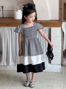 Dazy Kids Girls (Small) Plaid Cap Sleeve Contrast Color Block Mid-Length Summer Dress