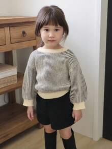 DAZY 女童条纹长袖韩版毛衣，秋冬 - 杏色 - 查看 1