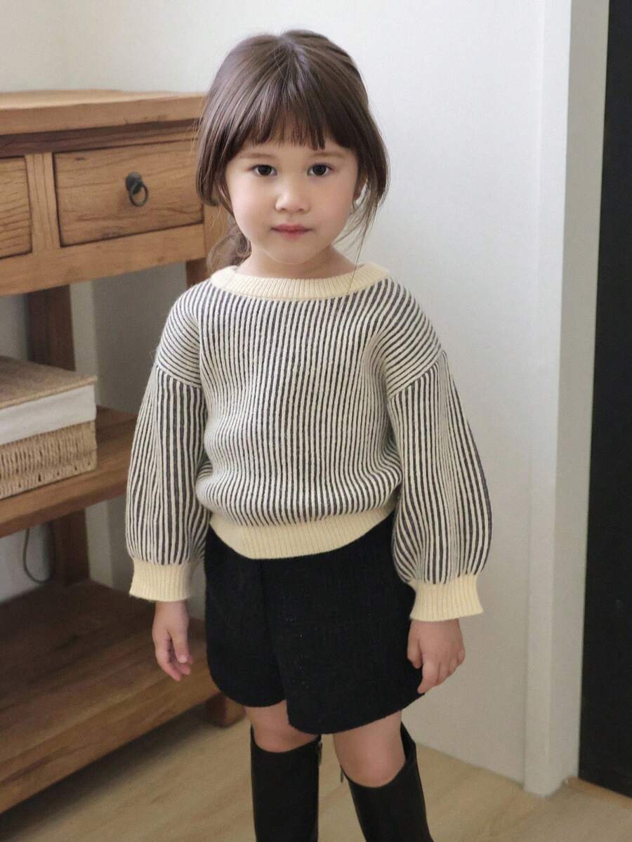 DAZY 女童条纹长袖韩版毛衣，秋冬 - 杏色 - 查看 1