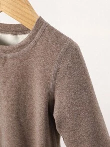 SHEIN Playful Pals 2 件套男女通用婴儿/幼儿休闲加厚修身长袖圆领 T 恤和松紧腰修身裤，适合春季、秋季、冬季、居家、户外、学校穿着 - 棕色 - 查看 5