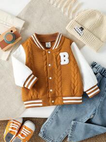 SHEIN Baby Jungen Sport & Lässig Buchstaben Abzeichen Strukturstoff Kontrast Farbe Baseball Jacke, geeignet für tägliche Ausflüge, Baby Herbst/Winter Jacke, 3 Monate - 3 Jahre alt, Baby Marken Kleidung