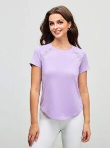 SHEIN Cheerettes 网眼拼布圆领休闲短袖运动T恤 - 淡紫色 - 查看 6