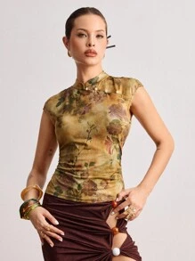 ROMWE Avant 复古花卉图案女式立领上衣 - 彩色 - 查看 4