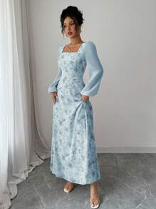 Modelyn Women's Printed Square Neck Long Sleeve Elegant Summer Dress Fall Cloth For Women