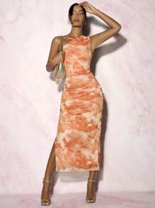 Glamine Ink Printed One Shoulder Ruched Split Dress Maxi Women Outfit - Orange - View 4