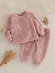 女婴柔软舒适毛绒面料长袖上衣和裤子家居服，粉色 - 粉色 - 查看 8