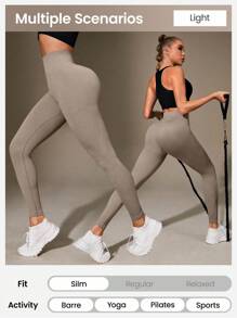 Easithlete 女式高腰罗纹无缝修身打底裤 - 云朵柔软 第二层肌肤柔软度 速干透气 四向弹力打底裤 适合跑步 骑行 瑜伽 泡菜球 运动 休闲 卡其色 - 卡其色 - 查看 6