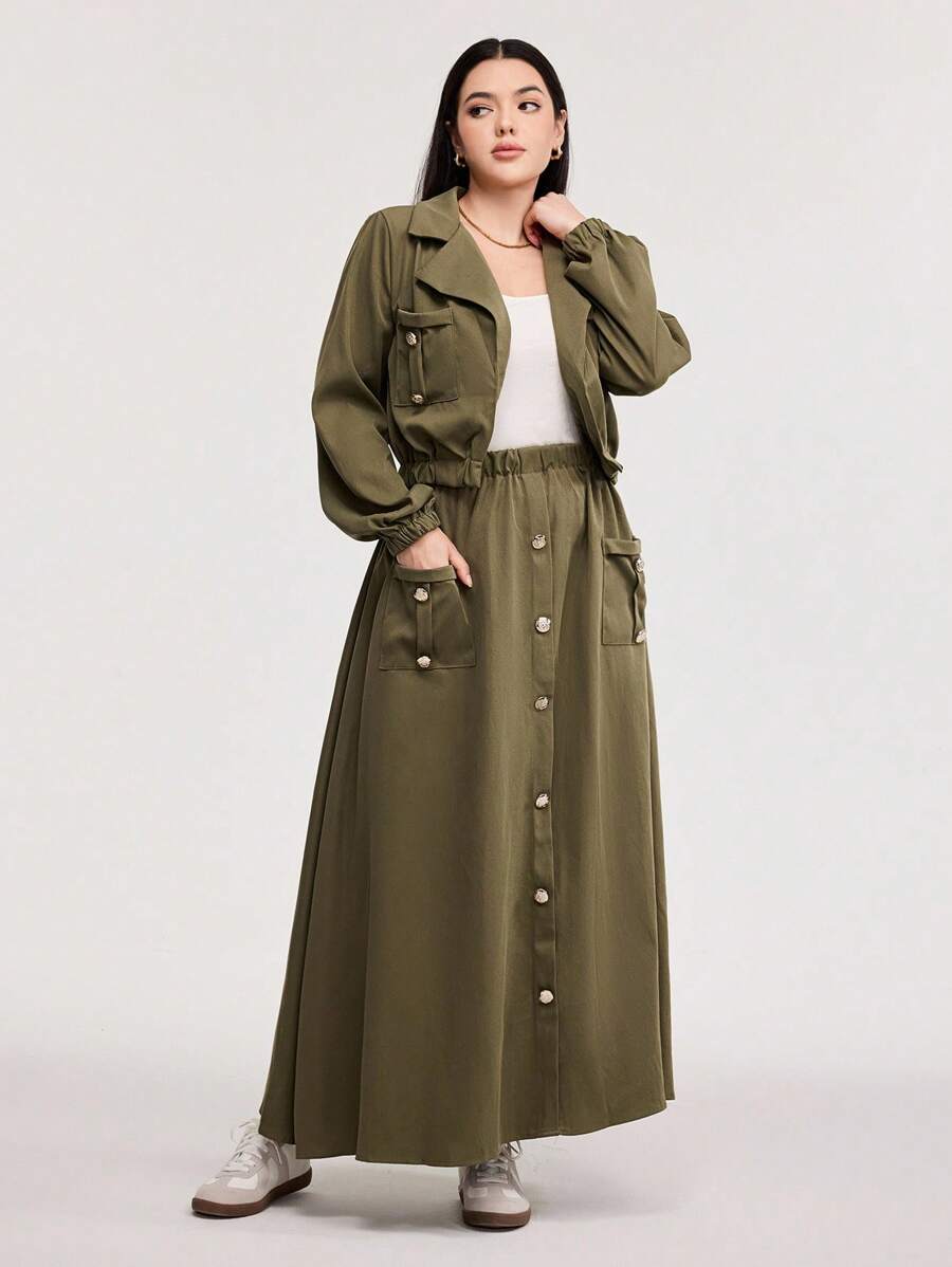 Veilorie 2pcs Set: Utility Pocket, Tapered Waist, Lapel Collar Commuting Casual Outfit 2 Pieces Set - Army Green - View 1
