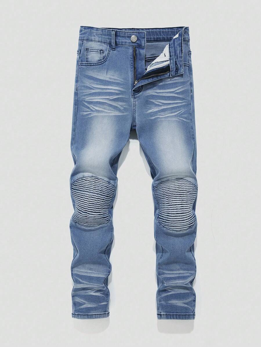 Tween Boy Street Urban Heavy Wash Elastic Waist Flat Pockets Skinny Jeans, School, Campus, College Summer Holiday - Medium Wash - View 1