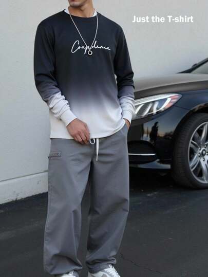 1pc Teenager's Fashionable Ombre Print Round Neck Casual T-Shirt, Suitable For Daily, Outdoor And Commuting Wear, Spring/Autumn Chic Outfits For Autumn/Winter Fall