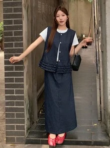 DAZY 女士休闲韩版蝴蝶结吊带背心和宽松牛仔裙两件套 - 藍色 - 查看 5